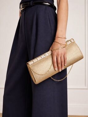 St. John Gold Sequin Paillette Satin Evening Clutch Chain Link Mother of Pearl